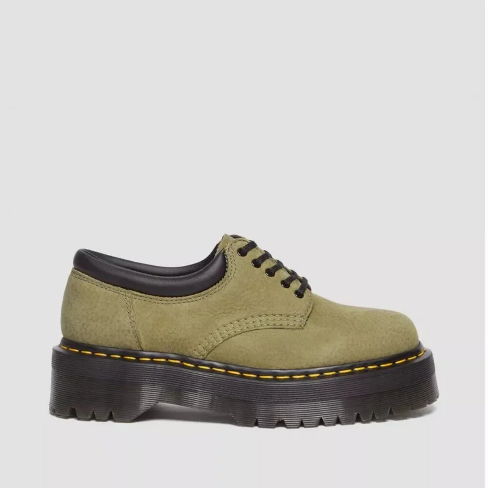 Dr. Martens 8053 Tumbled Nubuck Leather Platform Shoes in Muted Olive — Titan